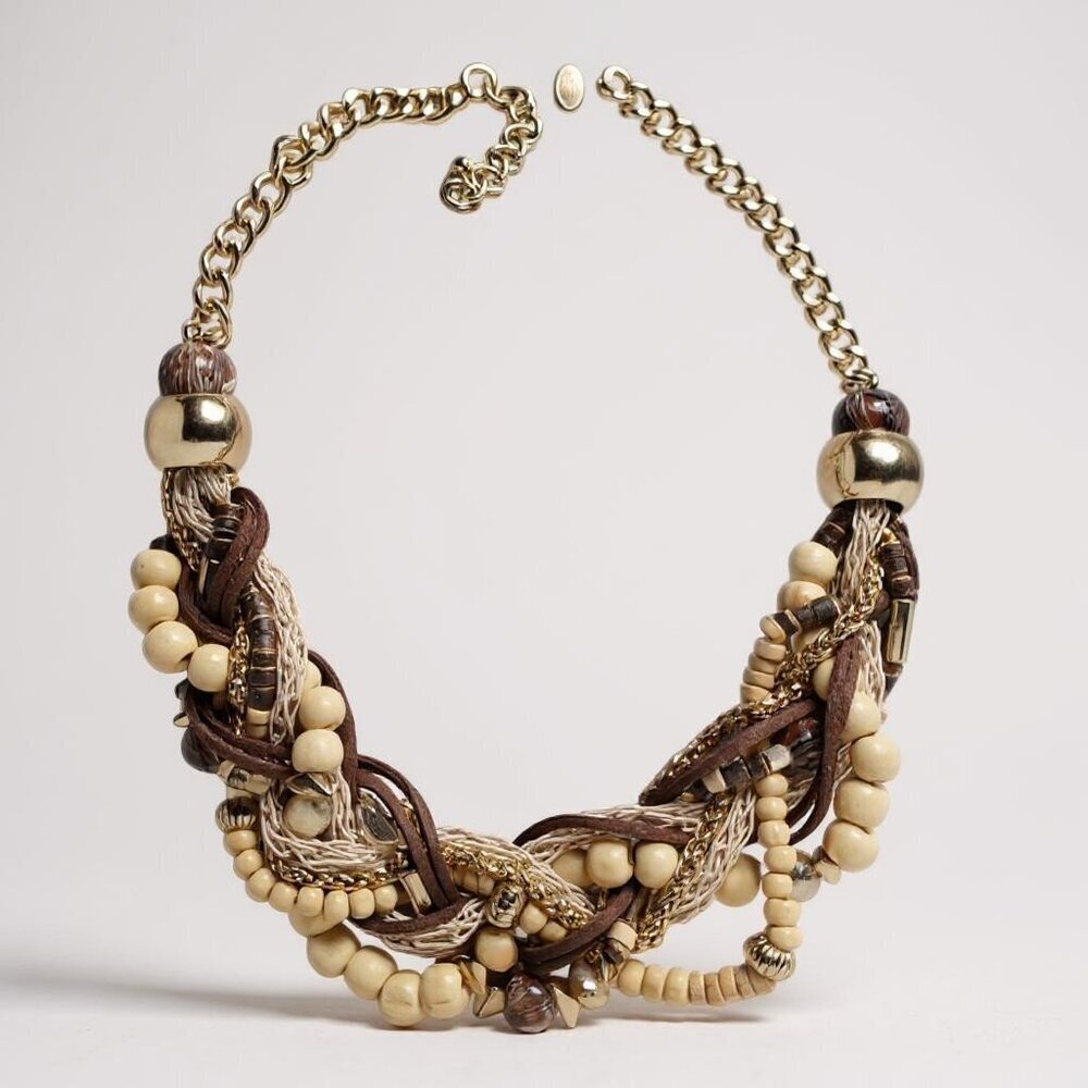 Laura Ashley Vintage Neutrals Chunky Bib Style Necklace Naturals Beaded Goldish